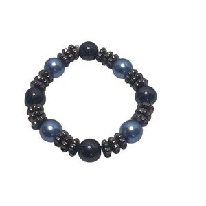 Hematite and Blue Bead Stretchy Bracelet.